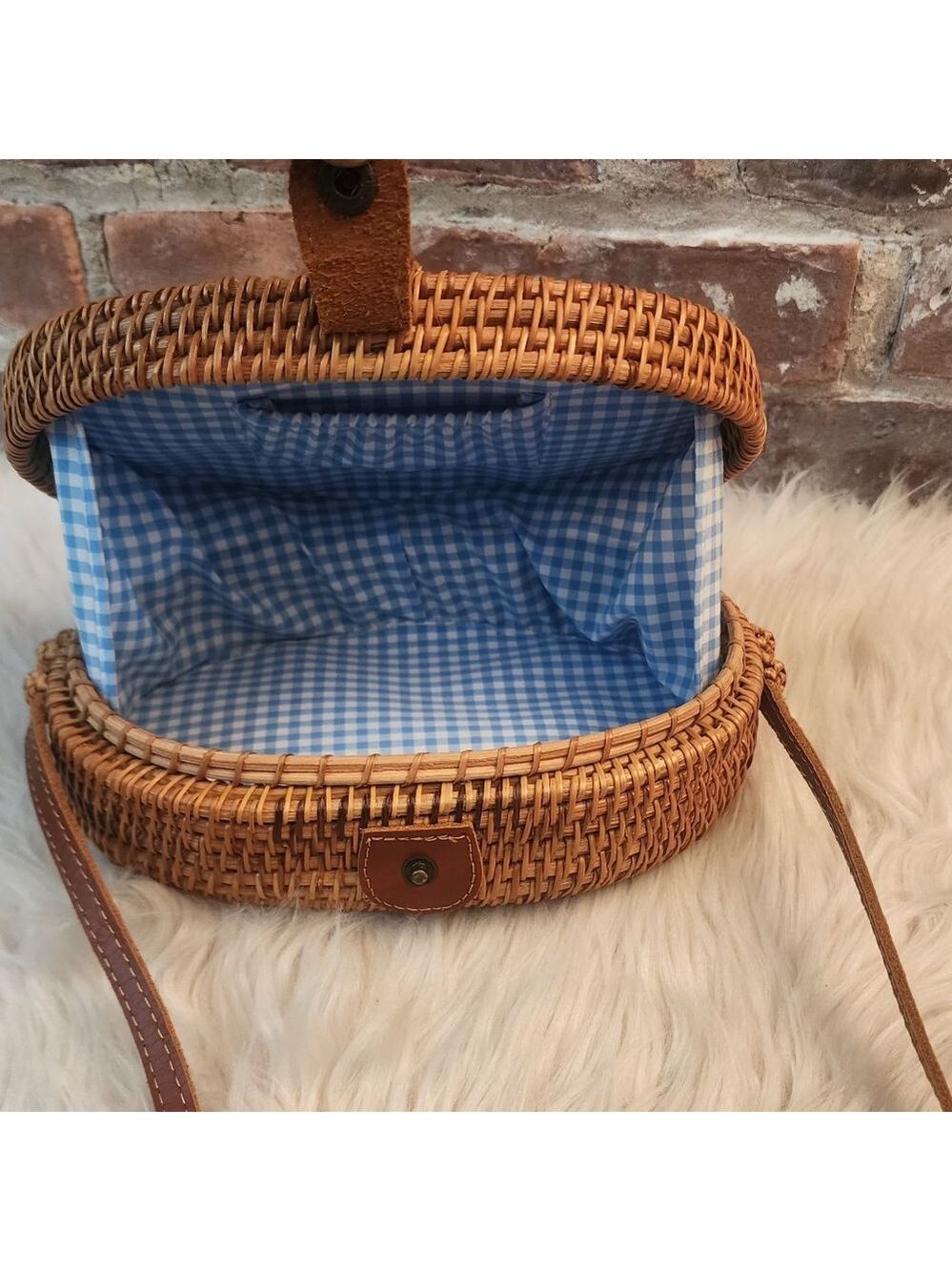 Oval Woven Rattan Bag with Long Leather Strap - Picture 10 of 16